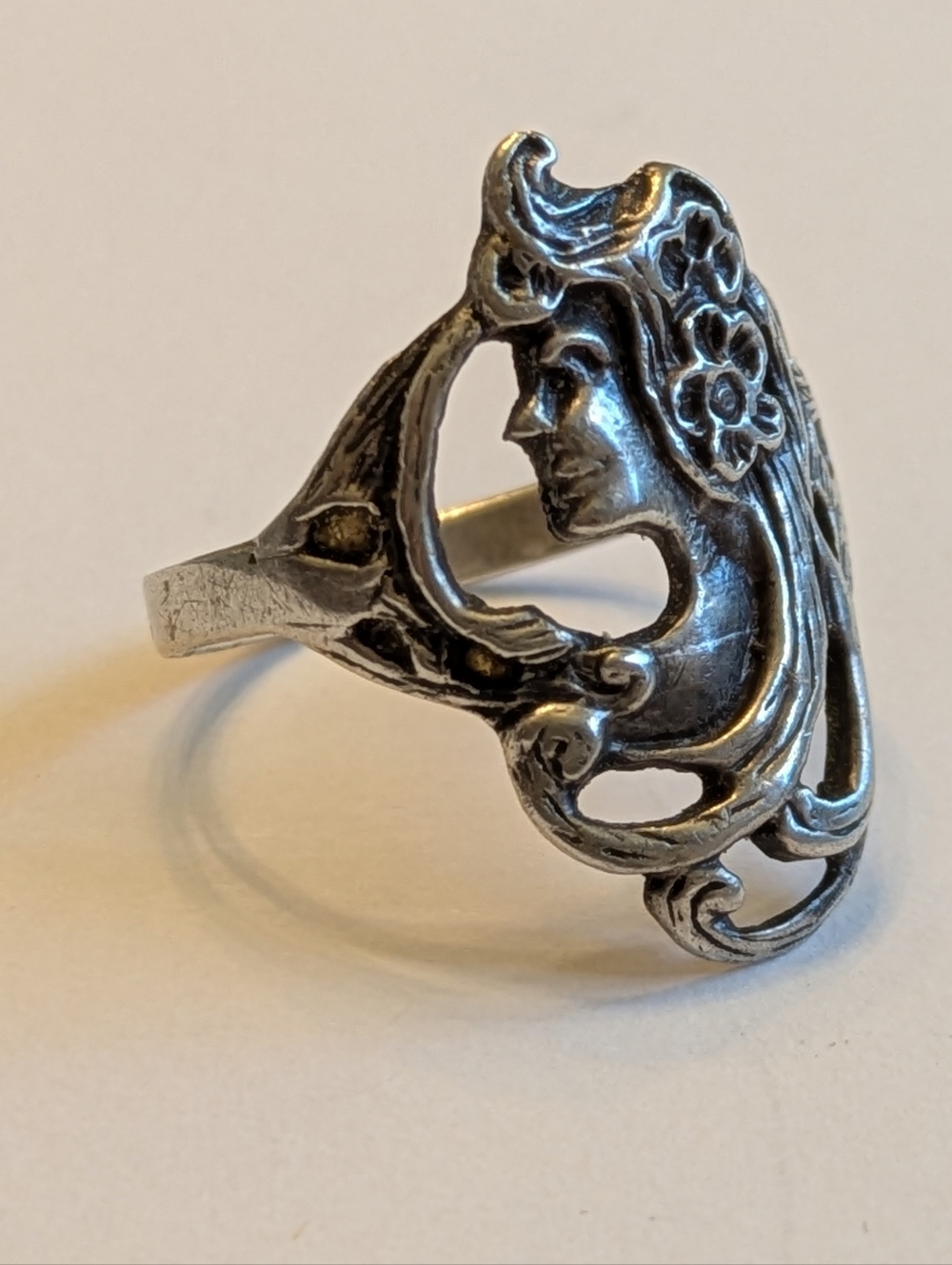Art Nouveau Lady Profile Ring Sz 7 Sterling Silver Vintage Signed 925 - Picture 9 of 11
